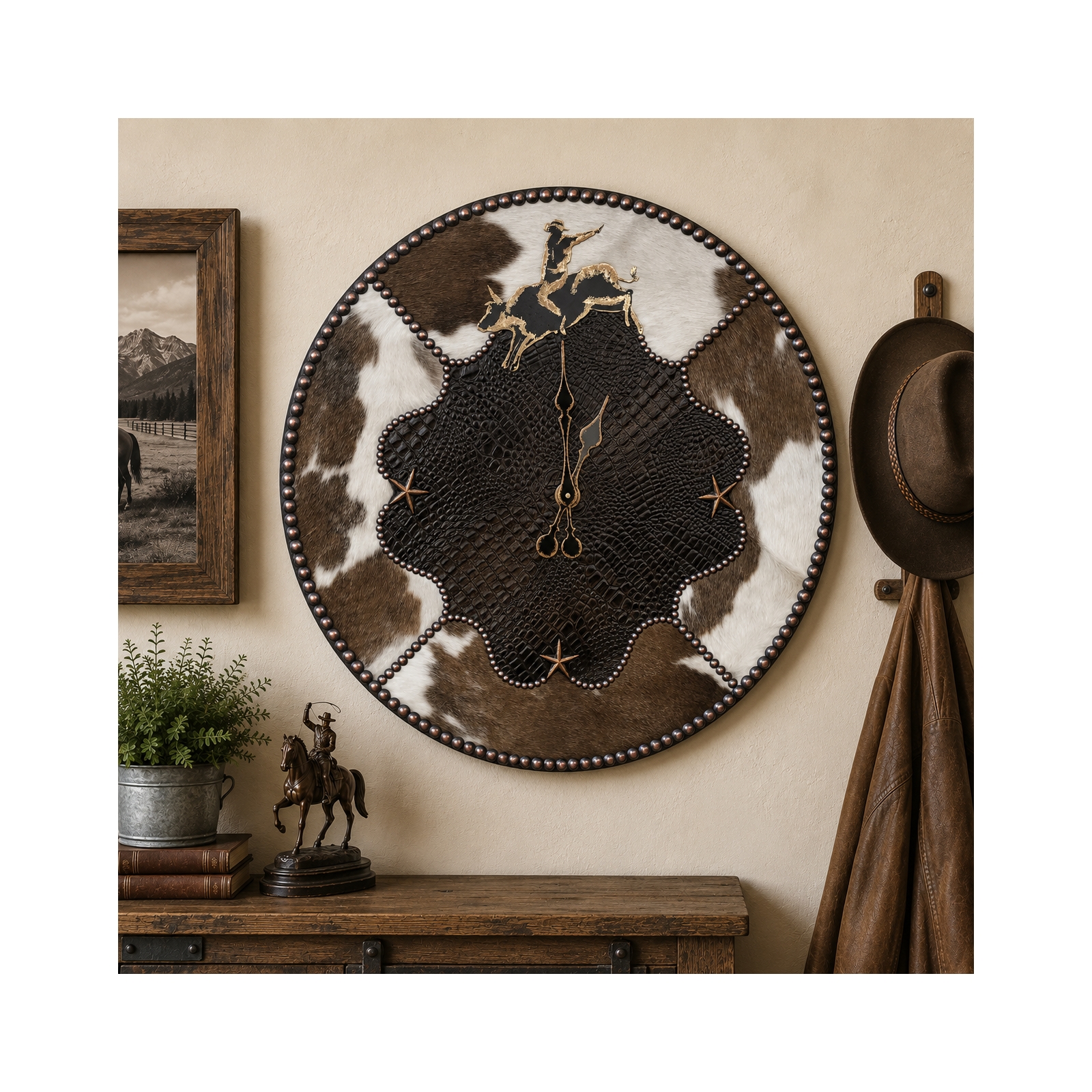 36 Western Cowhide & Leather Wall Clock